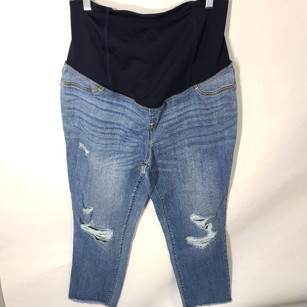 Isabel‎ Maternity Size 12 Straight Crop Distressed Lt Blue Jeans Denim Raw Hem